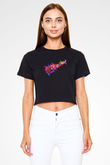 Elektro Gitar Baskılı Siyah Crop Top Kadın Tişört - Tshirt