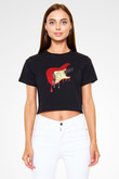 Elektro Gitar Baskılı Siyah Crop Top Kadın Tişört - Tshirt