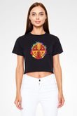 Elektro Gitar Baskılı Siyah Crop Top Kadın Tişört - Tshirt