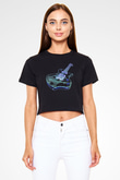 Elektro Gitar Baskılı Siyah Crop Top Kadın Tişört - Tshirt