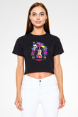 Elektro Gitar Baskılı Siyah Crop Top Kadın Tişört - Tshirt