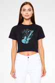 Elektro Gitar Baskılı Siyah Crop Top Kadın Tişört - Tshirt