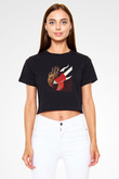Elektro Gitar Baskılı Siyah Crop Top Kadın Tişört - Tshirt