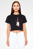 Elektro Gitar Baskılı Siyah Crop Top Kadın Tişört - Tshirt