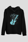 Elektro Gitar Baskılı Unisex Siyah Hoodie