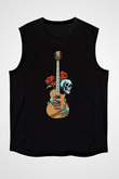 Elektro Gitar Baskılı Unisex Siyah Kolsuz Tişört - Tshirt