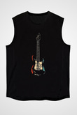 Elektro Gitar Baskılı Unisex Siyah Kolsuz Tişört - Tshirt
