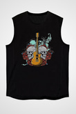 Elektro Gitar Baskılı Unisex Siyah Kolsuz Tişört - Tshirt