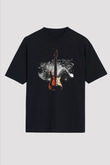 Elektro Gitar Baskılı Unisex Siyah Oversize Tişört - Tshirt