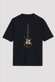 Elektro Gitar Baskılı Unisex Siyah Oversize Tişört - Tshirt