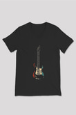 Elektro Gitar Baskılı Unisex Siyah V Yaka Tişört - Tshirt