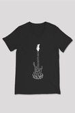 Elektro Gitar Baskılı Unisex Siyah V Yaka Tişört - Tshirt