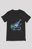 Elektro Gitar Baskılı Unisex Siyah V Yaka Tişört - Tshirt