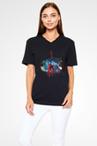 Elektro Gitar Baskılı Unisex Siyah V Yaka Tişört - Tshirt