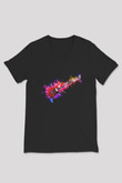 Elektro Gitar Baskılı Unisex Siyah V Yaka Tişört - Tshirt