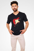 Elektro Gitar Baskılı Unisex Siyah V Yaka Tişört - Tshirt