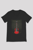 Elektro Gitar Baskılı Unisex Siyah V Yaka Tişört - Tshirt