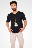 Elektro Gitar Baskılı Unisex Siyah V Yaka Tişört - Tshirt