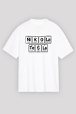 Elementlerden Oluşan Nikola Tesla Baskılı Unisex Beyaz Oversize Tişört