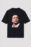 Elon Musk Baskılı Unisex Siyah Oversize Tişört - Tshirt