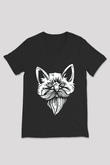 Entellektüel Kedi Baskılı Unisex Siyah  V Yaka Tişört
