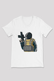Escape From Tarkov Baskılı Beyaz Unisex V Yaka Tişört - Tshirt