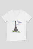 Eyfel Kulesi Beyaz Unisex V Yaka Tişört T-Shirt