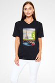 Eyfel Kulesi Siyah Unisex V Yaka Tişört T-Shirt