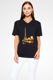 Eyfel Kulesi Siyah Unisex V Yaka Tişört T-Shirt