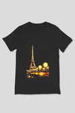 Eyfel Kulesi Siyah Unisex V Yaka Tişört T-Shirt