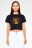 Frida Kahlo Baskılı Siyah Kadın Crop Top Tişört