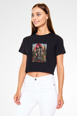 Frida Kahlo Baskılı Siyah Kadın Crop Top Tişört