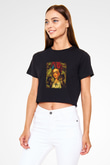 Frida Kahlo Baskılı Siyah Kadın Crop Top Tişört
