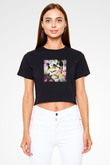 Frida Kahlo Baskılı Siyah Kadın Crop Top Tişört