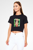 Frida Kahlo Baskılı Siyah Kadın Crop Top Tişört