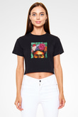 Frida Kahlo Baskılı Siyah Kadın Crop Top Tişört