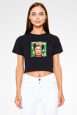 Frida Kahlo Baskılı Siyah Kadın Crop Top Tişört