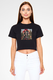 Frida Kahlo Baskılı Siyah Kadın Crop Top Tişört