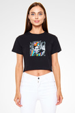 Frida Kahlo Baskılı Siyah Kadın Crop Top Tişört