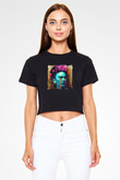 Frida Kahlo Baskılı Siyah Kadın Crop Top Tişört