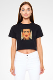 Frida Kahlo Baskılı Siyah Kadın Crop Top Tişört