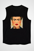 Frida Kahlo Baskılı Unisex Siyah Kolsuz Tişört