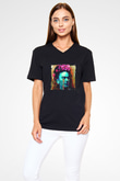 Frida Kahlo Baskılı Unisex Siyah V Yaka Tişört