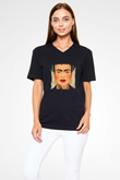 Frida Kahlo Baskılı Unisex Siyah V Yaka Tişört