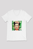 Frida Kahlo Baskılı V Yaka Unisex Beyaz Tişört