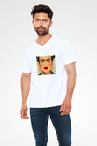 Frida Kahlo Baskılı V Yaka Unisex Beyaz Tişört