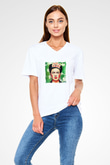 Frida Kahlo Baskılı V Yaka Unisex Beyaz Tişört