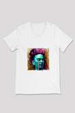 Frida Kahlo Baskılı V Yaka Unisex Beyaz Tişört
