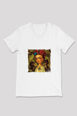 Frida Kahlo Baskılı V Yaka Unisex Beyaz Tişört