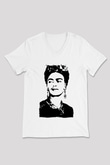 Frida Kahlo Beyaz Unisex V Yaka Tişört
